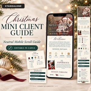 May include: A digital Christmas mini client guide template for mobile devices, featuring a neutral color palette, text headers, session details, and a color palette chart. The design includes sections for welcome messages, session timelines, and FAQs.
