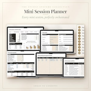 Può includere: Un pianificatore digitale Mini Session Planner della Studio Systems Collection di Chaos to Confetti, visualizzato su diversi schermi di computer portatili. L'interfaccia mostra fogli di calcolo per la gestione di eventi, prenotazioni e flussi.