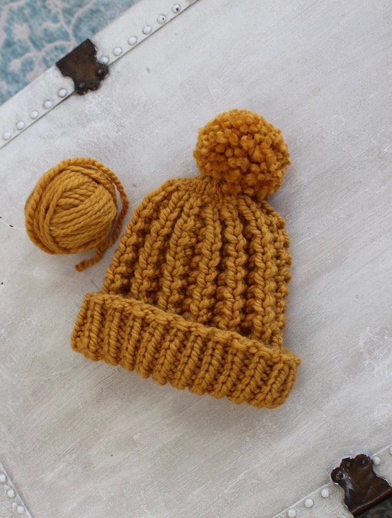 Handmade Knit Golden Yellow Beanie With 