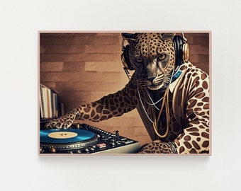 DJ Jaguar Music Studio Party Poster Cheetah Leopard Print Design Wall Decor | Gift For Apartment, College Student Dorm, Room, Kids Bedroom