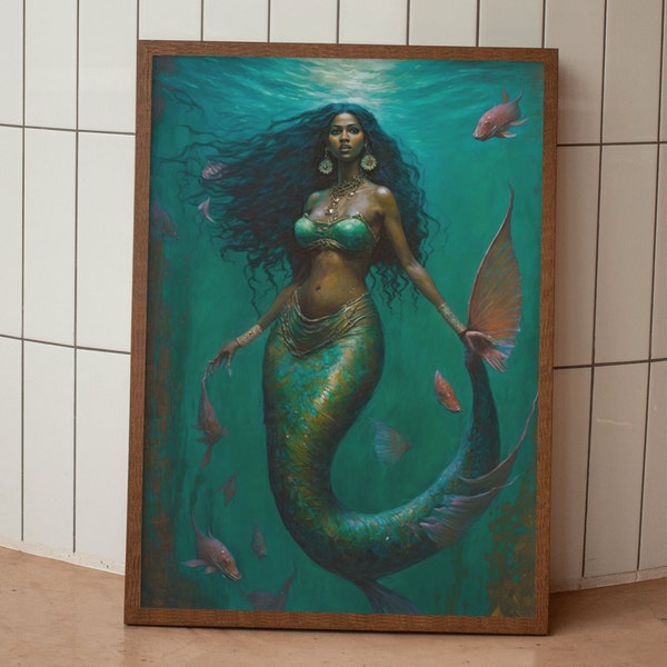 Black Mermaid Poster African Folklore Renaissance Art Queen B Wall Print Water Goddess Mami Wata Artwork Gift For Beyonce Halle Bailey Fans