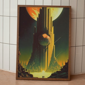 Póster retro de futuro, torre de ciencia ficción, impresión art déco, torre ciberpunk, estilo vintage de los años 70, planeta alienígena, decoración de pared, regalo para apartamento, dormitorio, habitación