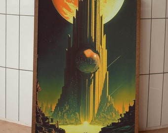 Retro Future Poster Sci Fi Tower Art Deco Print Cyberpunk Tower 70s Vintage Style Alien Planet Wall Decor Gift For Apartment, Dorm, Room