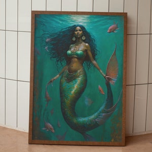 Black Mermaid Canvas Print African Folklore Artwork Yemaya Orisha Symbolism Of Black Sea Queen Mami Wata Yoruba Inspired Print | Gift for