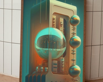 Retrofuture Architecture Poster Abstract Sci Fi Futuristic Machine 60s 70 80s Inspired Vintage Art Gift For Bedroom, College Dorm, Birthday