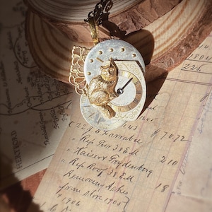 Cat in Time | Vintage Artist Handmade Pendant Necklace,Watch Piece Jewelry, Steampunk clock Jewelry,Brass Necklace, Cat Clock Necklace