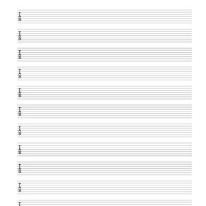 Könnte beinhalten: Ein leeres Gitarrentabulaturblatt mit horizontalen Linien und den Buchstaben "TAB" am Anfang jeder Zeile. Die Linien sind gleichmäßig angeordnet und bereit für Notationen. Der Hintergrund ist weiß.
