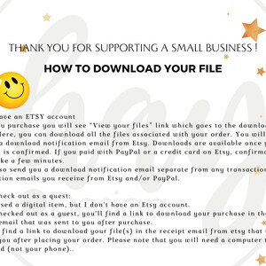 May include: White background with text that reads "THANK YOU FOR SUPPORTING A SMALL BUSINESS!" and "HOW TO DOWNLOAD YOUR FILE." Includes instructions for downloading digital files from Etsy, with a yellow smiley face and gold star accents.