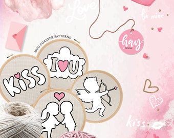 Valentine's Day, Punch Needle Patterns, 16 PDF Printable Mug Coaster Patterns, Love, Heart, Embroidery Pattern