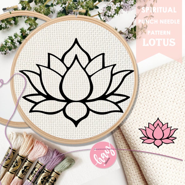 Lotus Flower Spiritual Healing Punch Needle Pattern, Punch Needle Template -Nursery Art - Multiple Hoop Sizes Included!