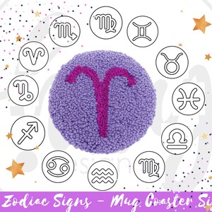 May include: A purple, textured mug coaster with a magenta Aries symbol in the center, surrounded by 12 zodiac sign illustrations in black circles. The text "12 Zodiac Signs - Mug Coaster Size" is at the bottom.
