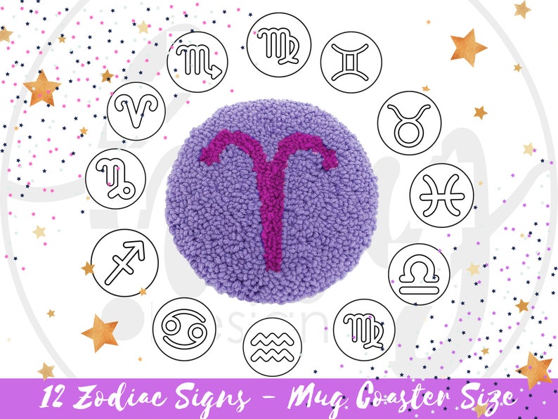 May include: A purple, textured mug coaster with a magenta Aries symbol in the center, surrounded by 12 zodiac sign illustrations in black circles. The text "12 Zodiac Signs - Mug Coaster Size" is at the bottom.