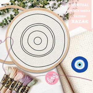 May include: A punch needle embroidery kit featuring a circular pattern with concentric circles. The kit includes a wooden embroidery hoop, embroidery floss in various colors, and a small tag with the text "laay design". The kit is designed to create a Nazar amulet, a protective symbol against the evil eye.