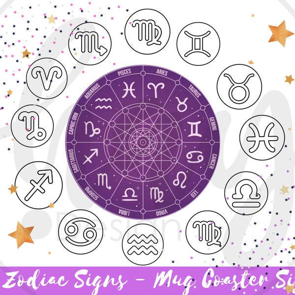 Zodiac Signs Punch Needle Mug Coaster Patterns, 12 PDF Printable Patterns, Zodiac Symbols