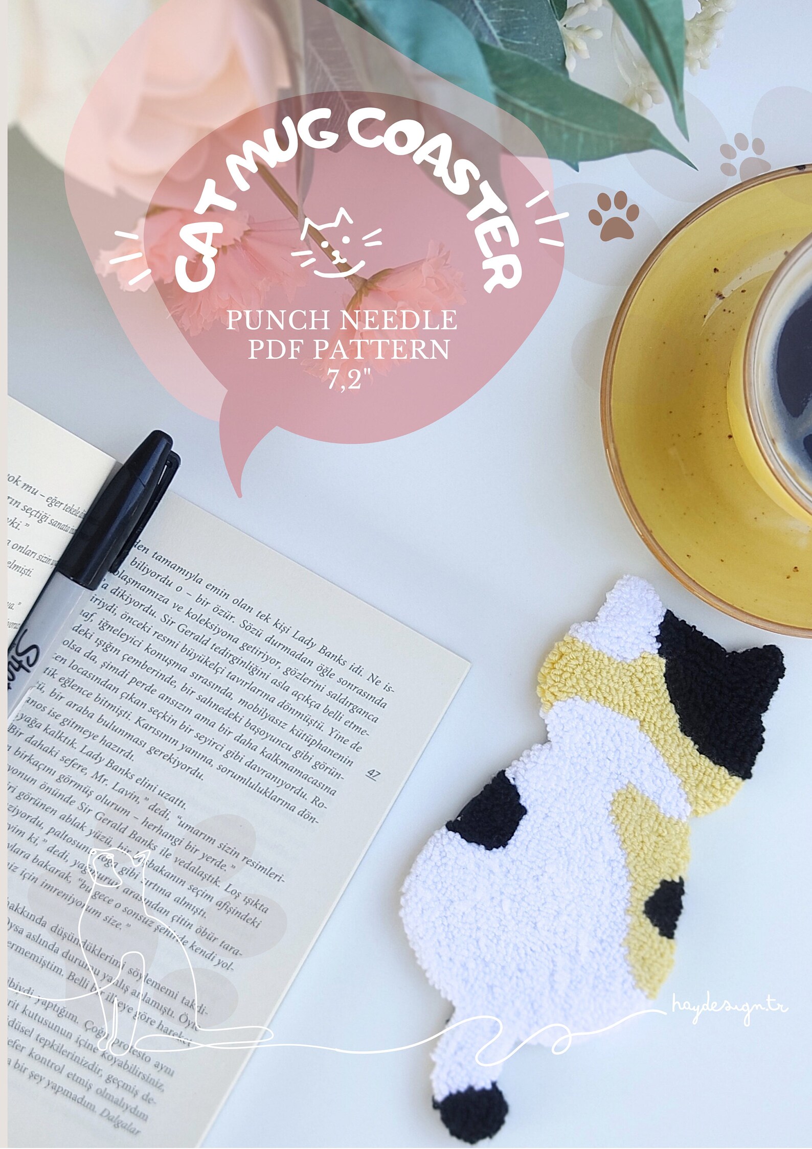 Cat Patterns, Punch Needle, PDF Printable Mug Coaster Patterns, Mug Rug ...