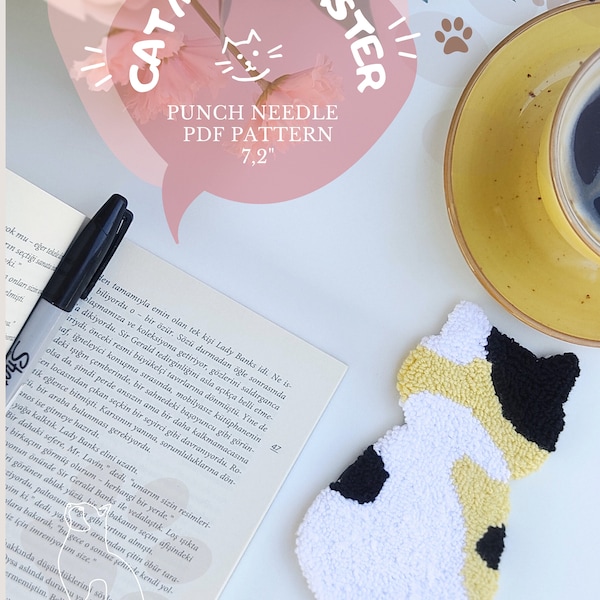 Cat Patterns, Punch Needle, PDF Printable Mug Coaster Patterns, Mug Rug, Yarn Art, PNG Pattern, Easy Punch Needle Template, Bookmark