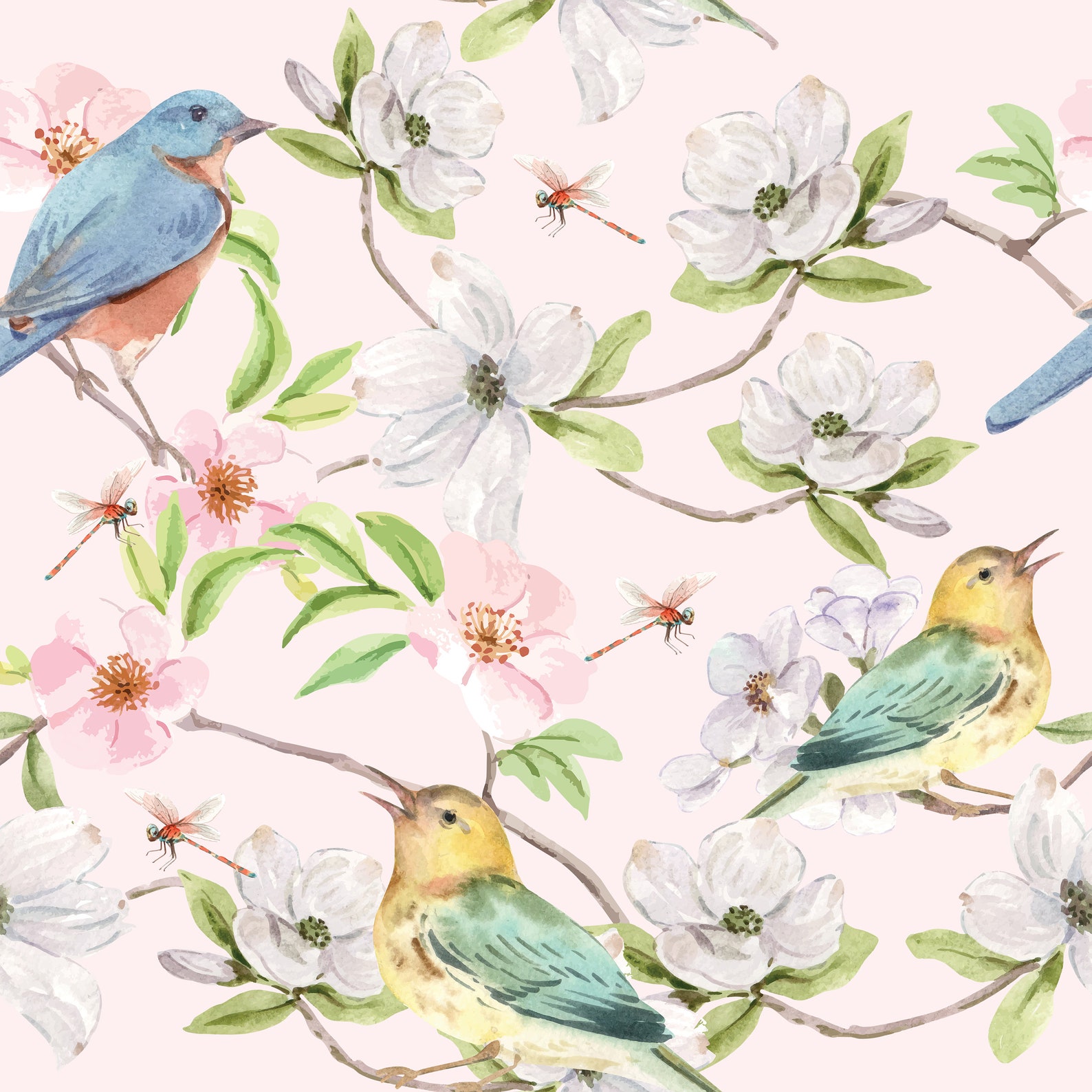 Grand Millennial Pink Floral Bird Chinoiserie Wallpaper Peel - Etsy