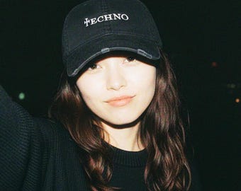 Techno Distressed Dad Hat / Adjustable Velcro Backing Flat Embroidery