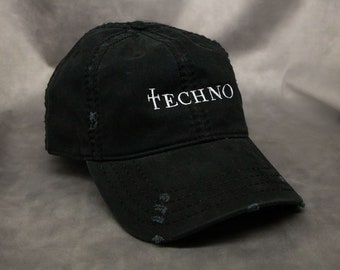 Techno Distressed Dad Hat / Adjustable Velcro Backing Flat Embroidery