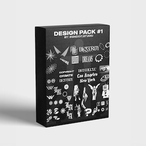 May include: Black and white design pack with the text "DESIGN PACK #1 BY: IKENDOIT.STUDIO" and various graphic elements including stars, circles, and text like "DESTROY DREAMS", "COPYRIGHT CREATE DESTROY", "HONOLULU Los Angeles New York", and "LA".
