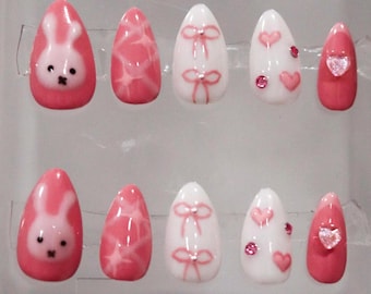Pink Bunny Press On Nails: Kawaii Bow Nail Art