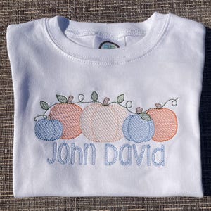 Könnte beinhalten: Weißes Kurzarm-T-Shirt mit einer Stickerei von fünf Kürbissen in Orange-, Pfirsich- und Blautönen. Der Name "John David" ist darunter in blauer Farbe gestickt.
