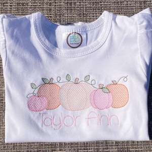 May include: White baby shirt with embroidered pumpkins in shades of pink, peach, and orange, with green leaves and vines. The name "Taylor Ann" is embroidered in pink script below the pumpkins.
