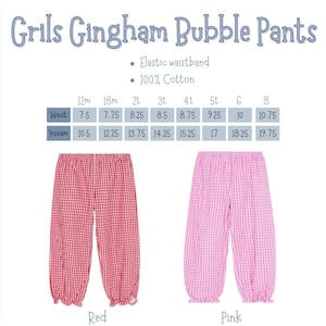 May include: Two pairs of gingham bubble pants, one red and one pink. The image shows the pants with an elastic waistband. The text "Grils Gingham Bubble Pants" is at the top. The pants are made of 100% cotton.