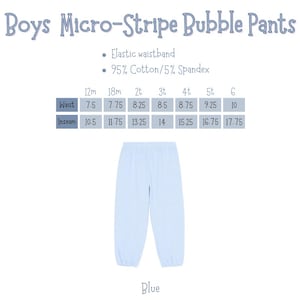 May include: Light blue micro-stripe bubble pants for boys. The pants have an elastic waistband and are made of 95% cotton and 5% spandex. The image includes a size chart with waist and inseam measurements in inches for sizes 12 months to 6.