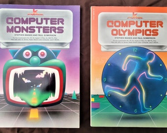 Könnte beinhalten: Zwei Vintage-Computer-Spielbücher mit bunten Umschlägen. Das Buch links hat ein grünes Monster mit roten Augen auf dem Umschlag. Das Buch rechts hat einen blauen Kreis mit einer laufenden Figur auf dem Umschlag. Der Text auf den Umschlägen lautet "Computer Monsters" und "Computer Olympics".