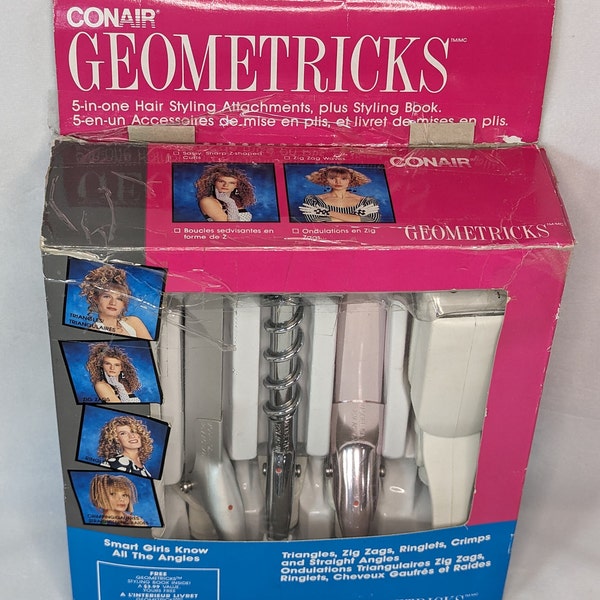 1980s Vintage Con-Air Geometricks 5 in 1 hair styling attachments and style guide. Retro 80s style