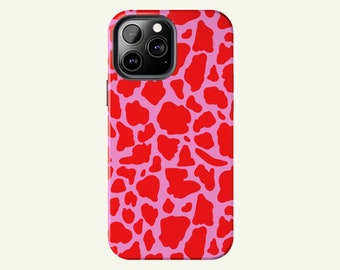 ROUGE COW-print iPhone-hoesje, rood en roze dierenprint-hoesje voor iPhone 14, 13, 12, 11, XS Max & meer, esthetische technische accessoires voor iPhone