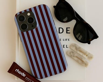 Thalia Case: Burgundy and Blue-Lilac Striped Phone Case, Glossy Protective iPhone Case, Bold Pattern Design