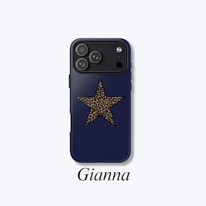 Cheetah Star iPhone Case, Navy Blue Leopard Print, MagSafe Compatible and Impact-Resistant Case, Hard Shell Protective Cover - Gianna Case