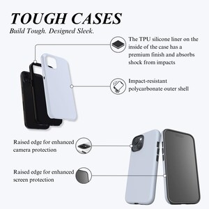 Pu&ograve; includere: Immagine di custodie per telefoni bianche e nere. Il testo recita "TOUGH CASES" e "Build Tough. Designed Sleek." Le custodie presentano un rivestimento in silicone TPU, un guscio esterno in policarbonato resistente agli urti e bordi rialzati.