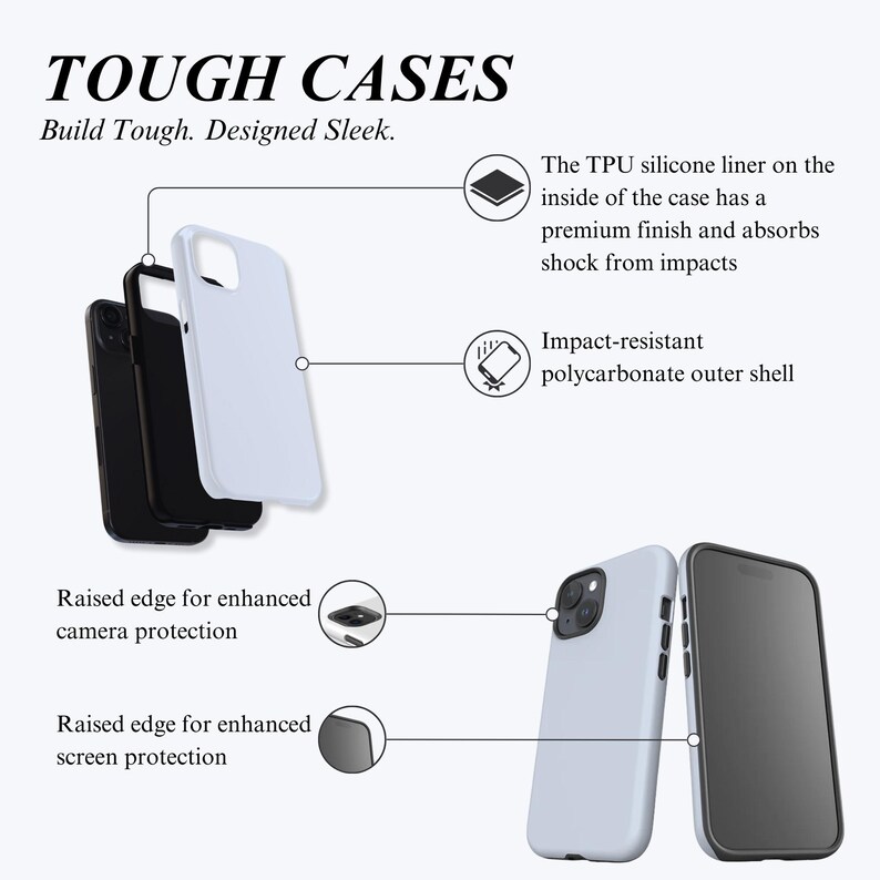 Pu&ograve; includere: Immagine di custodie per telefoni bianche e nere. Il testo recita "TOUGH CASES" e "Build Tough. Designed Sleek." Le custodie presentano un rivestimento in silicone TPU, un guscio esterno in policarbonato resistente agli urti e bordi rialzati.