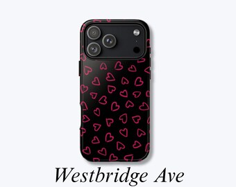Black & Pink Hearts iPhone Case: Pink Line Art Hearts Design, Snug Fit Case, Impact-Resistant Protection - Westbridge Ave Case