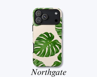 Monstera Leaves Phone Case, Botanical Aesthetic Cover, Green and Off-White Hard Shell Protective Cover - Northgate Case