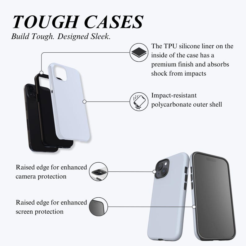 May include: Image of phone cases with the text "TOUGH CASES" and "Build Tough. Designed Sleek." The cases are shown in black and white, with features like a TPU silicone liner, impact-resistant outer shell, and raised edges for camera and screen protection.