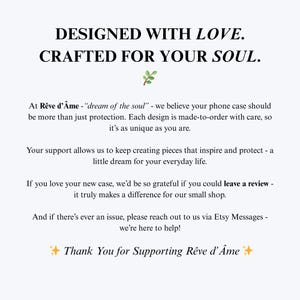 May include: A white background with black text. The text reads "DESIGNED WITH LOVE. CRAFTED FOR YOUR SOUL." and "Thank You for Supporting R&ecirc;ve d'&Acirc;me." A small green leaf illustration is also present.