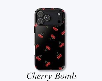 Black Cherry Phone Case for iPhone: Red Cherry Pattern MagSafe Compatible Phone Cover, Impact-Resistant Protective Case - Cherry Bomb Case