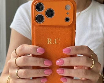 Personalised Leather iPhone Case with Gold Initials, Custom Monogram Engraved Phone Cover, Orange Faux Leather Case
