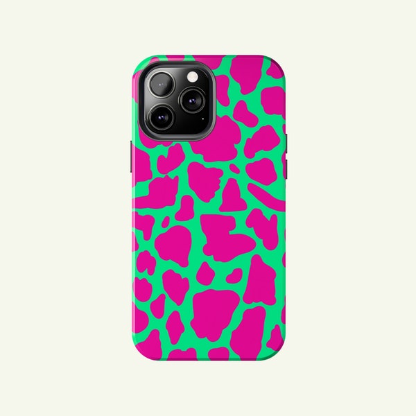NEON COW Print Phone Case, Vibrant Green and Fuchsia Phone Case with Animal Print for iPhone 14, 13, 12, 11 & More, Aesthetic Tech Accessory
