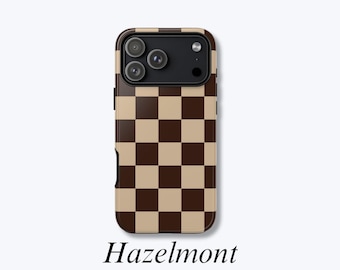 Brown & Beige Checkerboard Phone Case, iPhone Case with Retro Neutral Checkered Pattern, MagSafe Compatible - Hazelmont Case
