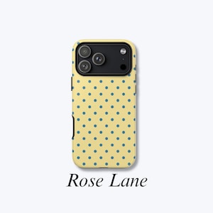 Butter Yellow Polka Dots Phone Case, Blue Dots Design, MagSafe Compatible Cover - Rose Lane Case