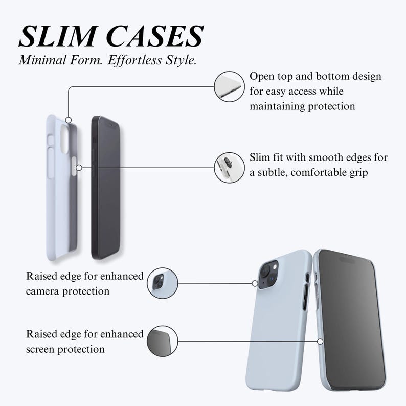 Pu&ograve; includere: Immagine di custodie per telefoni sottili in blu chiaro e nero. Il testo recita "SLIM CASES Minimal Form. Effortless Style." Le caratteristiche includono un design aperto in alto e in basso, una vestibilit&agrave; sottile con bordi lisci e bordi rialzati per la protezione della fotocamera e dello schermo.