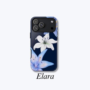 Navy Floral Phone Case, Glossy iPhone Case with Blue and White Lily Design, Elegant Art Print, Flowers MagSafe Phone Cover - Elara Case image 1