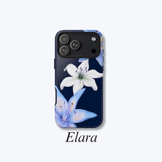 Navy Floral Phone Case, Glossy iPhone Case with Blue and White Lily Design, Elegant Art Print, Flowers MagSafe Phone Cover - Elara Case