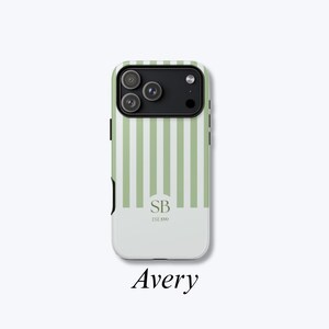 Monogram iPhone Case, Custom Initial Green Striped Cover, Hard Shell Protective Case, Personalised Year Cover - Avery Case