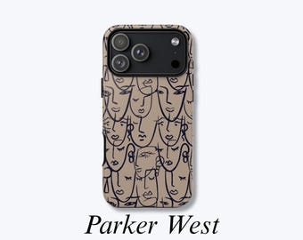 May include: A phone case with a repeating pattern of abstract faces in dark blue on a tan background. The case has a black camera module and the text "Parker West" in a serif font.